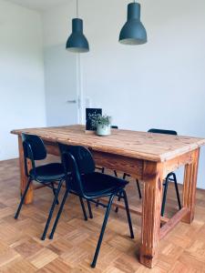 einem Holztisch mit zwei Stühlen und einer Pflanze darauf in der Unterkunft Lay-Zeit in Kottenheim