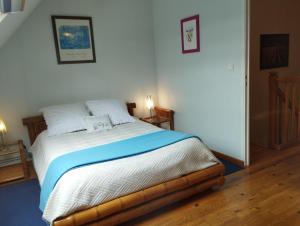 een slaapkamer met een bed met een blauwe deken bij Doubs Séjour - Maison de vacances in Verdun-sur-le-Doubs