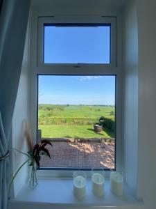 a window with a view of a field through it at Betula Views Studio in Newent