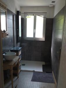 ein Bad mit einem Waschbecken und einer Dusche mit einem Fenster in der Unterkunft Maison de 4 chambres avec jardin clos et wifi a Villers sous Foucarmont in Villers-sous-Foucarmont
