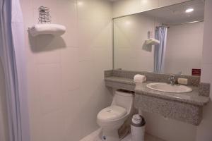 a bathroom with a toilet and a sink and a mirror at Hotel Santa Monica in Cuenca
