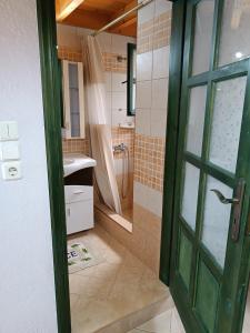 baño con ducha, lavabo y puerta en Seaside Apartments 1, en Emborios