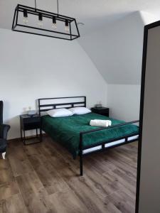 LeszczewekにあるSiedlisko Bogdankaのベッドルーム1室(ベッド1台、緑の掛け布団付)