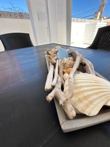 une pile de bois dérivant et de coquillages sur une table dans l'établissement Holiday Rooms Ninfa, à Avola