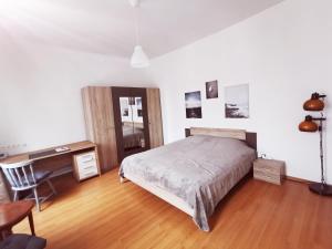 Un dormitorio con una cama, un escritorio y una silla. en CLA Group Apartment, en Sopron