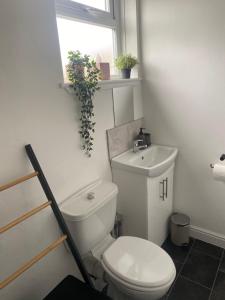 a bathroom with a toilet and a sink and a window at Modern Manchester home, Free parking & near city centre in Manchester