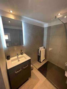 a bathroom with a sink and a mirror at Magnifique T3 duplex in Aubagne