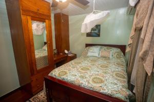 Dormitorio pequeño con cama y espejo en Casa Rosa, en Georgetown