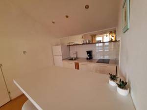 a kitchen with a white counter top in a room at Apartments Ana Žaborić, 50 m od šljunčane plaže in Zaboric +36 photos