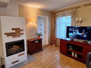 a living room with a fireplace and a flat screen tv at Idyllic apartment in Supilinn with a balcony, private parking and contact-free entrance in Tartu
