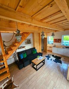ein Wohnzimmer mit einem schwarzen Sofa und einem Tisch in der Unterkunft Alpakowy raj in Nowy Targ