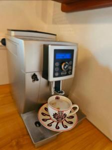 een espressomachine met een kopje op een bord bij Alpakowy raj in Nowy Targ