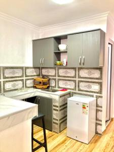 a kitchen with gray cabinets and a white refrigerator at Lukas's house in Kobuleti