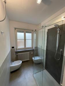 a bathroom with a shower and a sink and a toilet at A casa di Cato in Merano