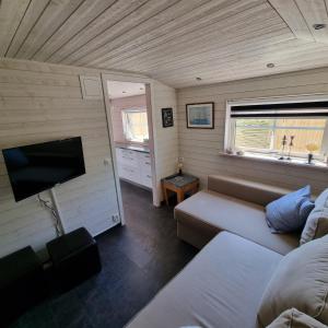 a room with a couch and a tv in a room at Strandnära boende, Strandbaden in Falkenberg