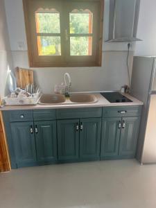 eine Küche mit grünen Schränken und einem Waschbecken in der Unterkunft Villas Nies Seaside Appartments in Soúrpi