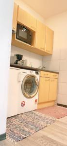 eine Küche mit einer Waschmaschine und einer Mikrowelle in der Unterkunft Studio in City center KM3a in Wien