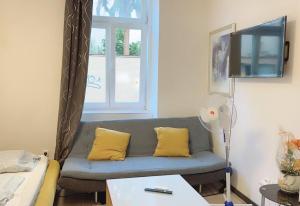 ein Wohnzimmer mit einem Sofa und einem Fenster in der Unterkunft Studio in City center KM3a in Wien
