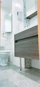 ein Badezimmer mit einem WC, einem Waschbecken und einem Spiegel in der Unterkunft Comfort Studio in City center KM1 in Wien