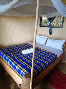 a bunk bed with a blue and yellow mattress at Sipi Guest House in Kapchorwa