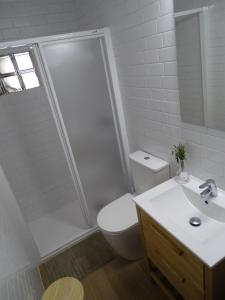 a bathroom with a shower and a toilet and a sink at Alojamiento vacacional Calblanque junto Cabo de Palos in Playa Honda