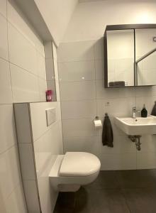a white bathroom with a toilet and a sink at Walle Retreat Zentral&Gemütlich in Bremen