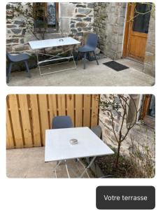 two pictures of a white table and two chairs at Chez Fabrice in Le Pertuis