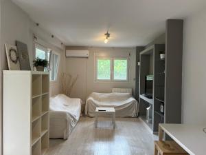 a room with two beds and a table in it at Maria’s apartments in Sparti