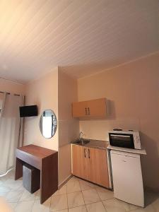 eine kleine Küche mit einer Spüle und einer Mikrowelle in der Unterkunft Aggeliki Apartments in Nikiana