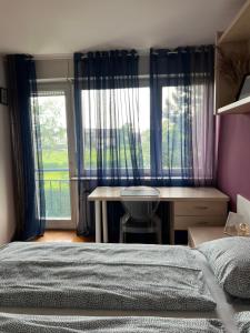 a bedroom with a bed and a desk and a window at Apartment Ljubljana - Free parking in Ljubljana