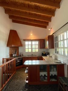 a kitchen with wooden cabinets and a counter top at Felicity Seaside Retreat in Ermioni