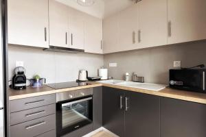 Kuchnia wyposażona jest w czarno-białe szafki i kuchenkę mikrofalową. w obiekcie Acropolis w Atenach