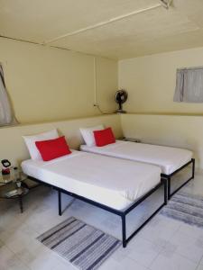 twee bedden in een kamer met rode kussens erop bij 1BR 3BD, with Separate Pool House Access in Old Towne