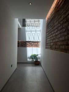 un corridoio con un muro di mattoni e una pianta in vaso di Casa Valentina Habitación 3 a Aguascalientes
