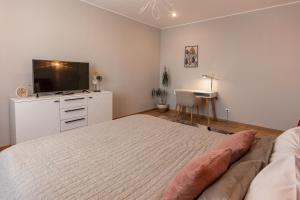 a bedroom with a bed and a flat screen tv at Salt Orchid Central in Turda