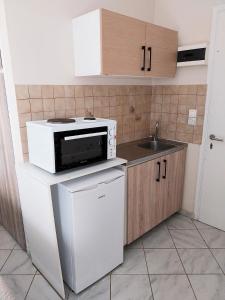 a small kitchen with a microwave and a sink at Aggeliki Apartments in Nikiana