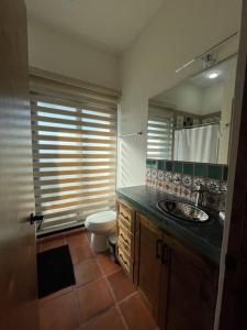 a bathroom with a toilet and a sink and a mirror at ¡Condominio céntrico en La Paz! in La Paz