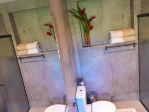 a bathroom with a toilet and a sink and a mirror at Vila Koh Phi Phi in Iporanga