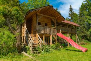 a log cabin with a slide in front of it at Gabrysiówka in Tylka