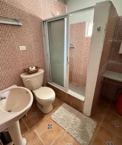 uma casa de banho com um WC, um lavatório e um chuveiro em Wing Camp em Cabarete