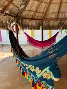 a hammock hanging from a straw roof at Hotel Casa Grande Riohacha Inn in R&iacute;ohacha
