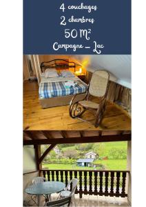 Habitación con cama, silla y mesa. en Gite en duplex 4 personnes, Vallée de la Jordanne, Cantal, en Lascelle