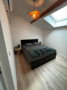 - une chambre avec un lit et une lucarne dans l'établissement Hébergement indépendant proche aéroport Nantes Atlantique, à Saint-Aignan-Grand-Lieu