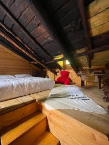 un osito de peluche rojo sentado en una cama en una habitación en Kulla Hupi Agriturism, en Bulqizë