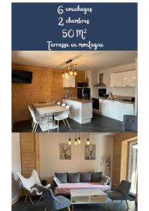eine Küche und ein Wohnzimmer mit einem Tisch in der Unterkunft Chalet au pied des pistes, le lioran, terrasse, 2 chambres, 4 lits in Laveissière
