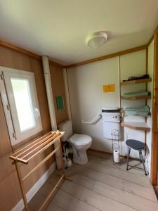 a bathroom with a toilet and a window and a stool at Les Chalets du Piou in Bussières