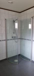 a bathroom with a shower with a glass door at Hus i flott natur in Skjåk +25 photos