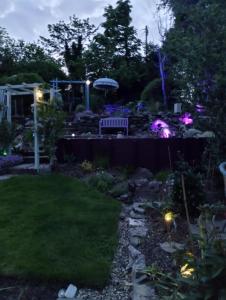 um jardim à noite com um banco e luzes em Pentre ISAF em Conwy