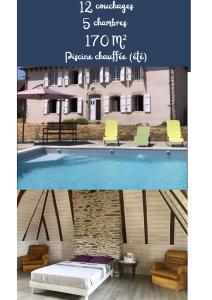 uma piscina com cadeiras e uma cama em frente a uma casa em Maison de maître de 1789 rénovée avec piscine em Roannes-Saint-Mary