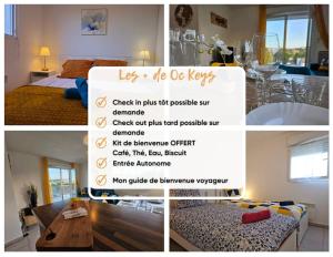 un collage di foto di una camera da letto con un cartello di L'évasion Carcassonnais avec Terrasse 2 places de Parking privée a Carcassonne